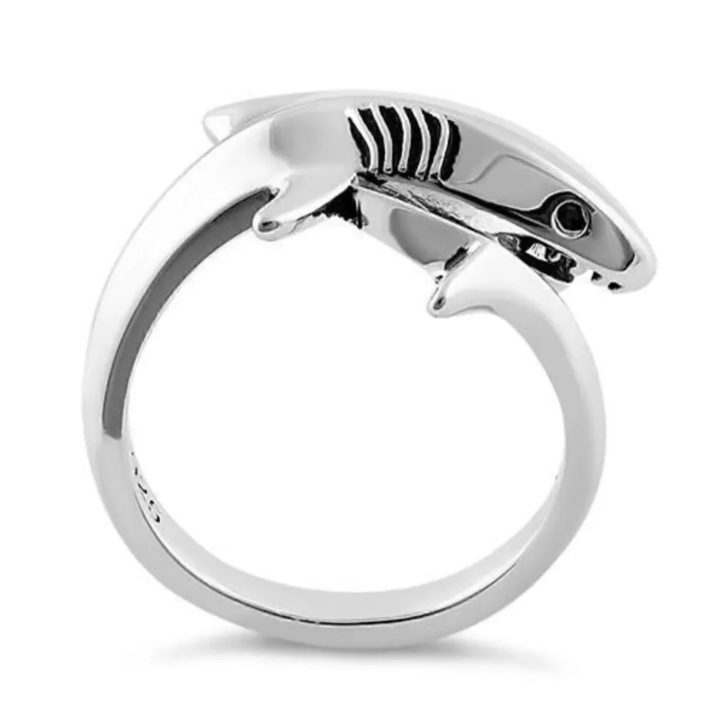 Sterling Silver Shark Black CZ Ring New
